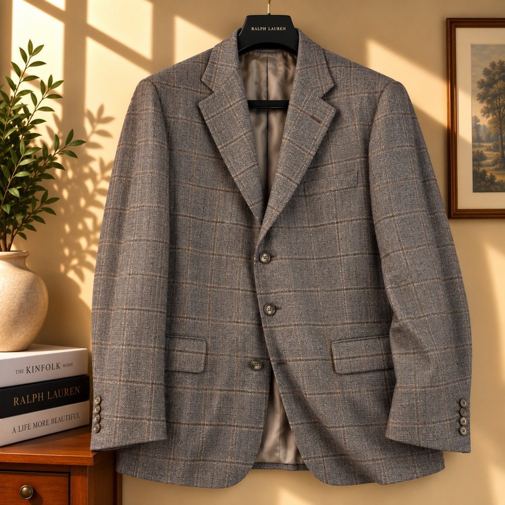 Ermenegildo Zegna Blazer Mens 40R Gray Brown Windowpane Silk Cashmere Swiss